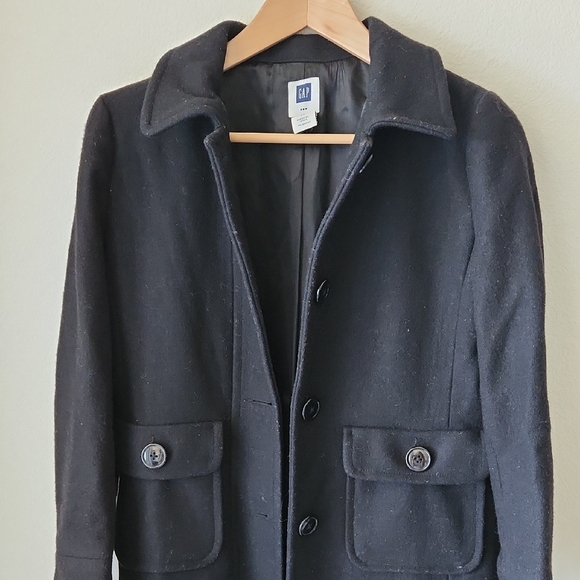 GAP Classic Black Wool Blend Trench Coat Lined Sz XS Minimalist Preppy Normcore - Picture 7 of 16